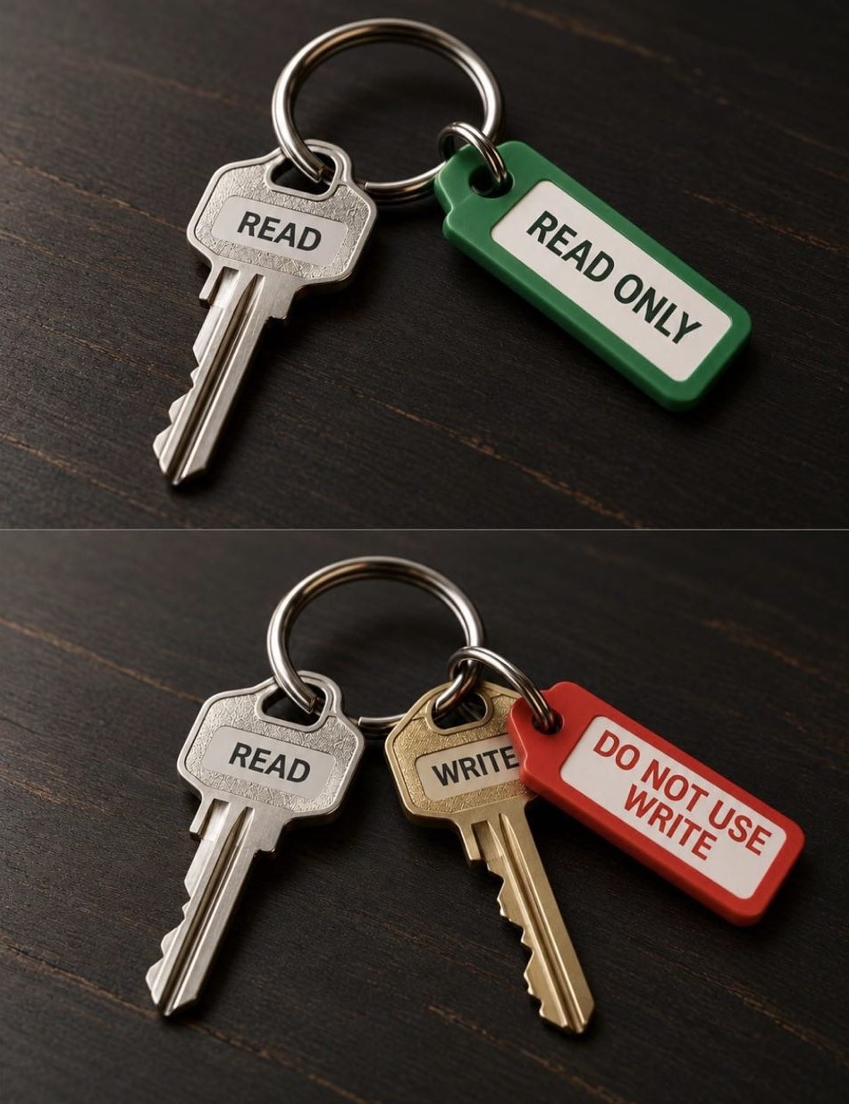 Illustration: two keyrings. One holds a single key marked READ with a green READ ONLY tag. The other holds a READ key and a WRITE key with a red DO NOT USE WRITE tag.